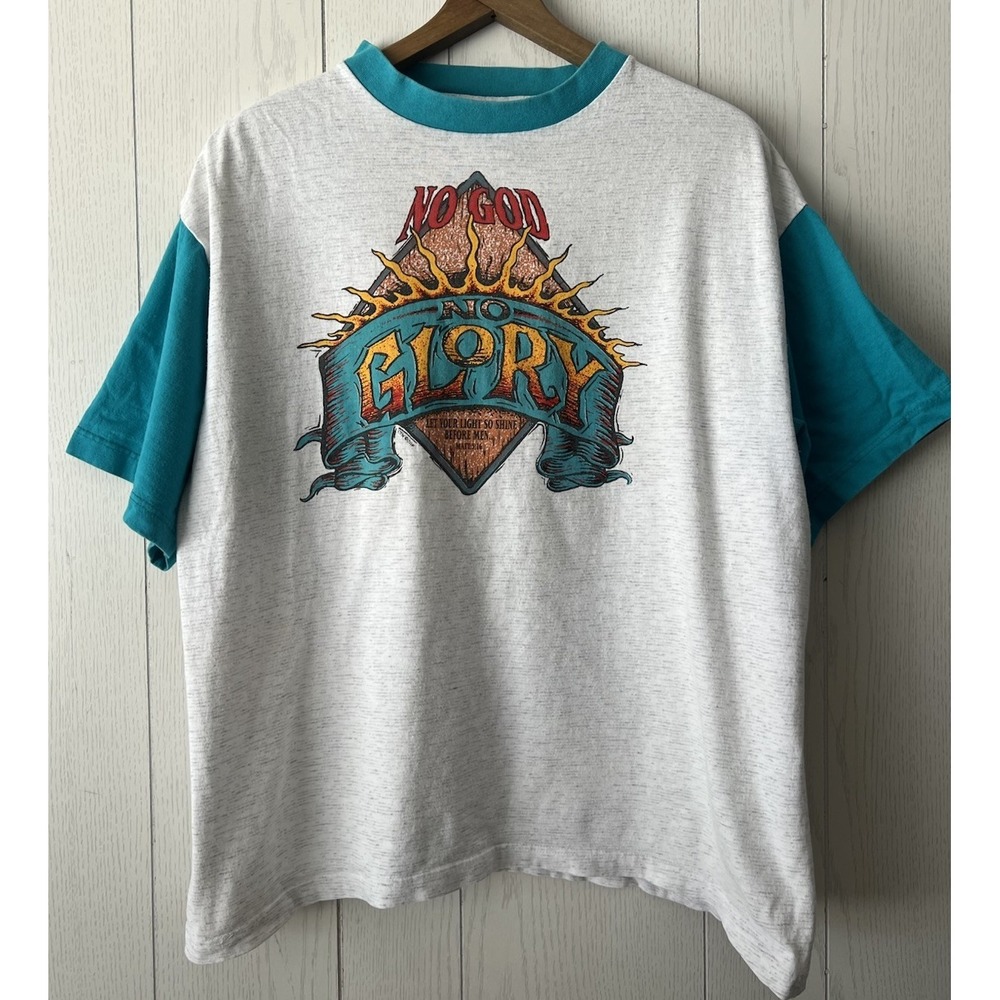 Vintage 90s No God No Glory T-Shirt‎ 1990s Color Block Jesus Art NO FEAR L XL